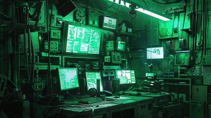 Fototapeta premium Interior of an industrial space station, computer screens and tools, in the style of cyberpunk, greenish light, gritty. copy space for text.