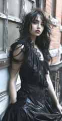 Obraz premium Portrait of a brunette Goth style inspired woman, fashion and make-up shoot. Gothic, Goth, Emo, New Wave, Dark style fashion. Dark smokey make-up, red lipstick. Dramatic. Elegant. Long black dress.