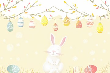 Happy Easter card with eggs garland and rabbit on light yellow background. Simple vector decoration