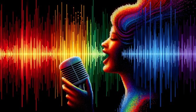 Black Woman Performer Singing and Rainbow Sound Wave Illustration on a Black Background