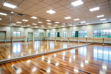 modern dance studio with wall mirror no people 