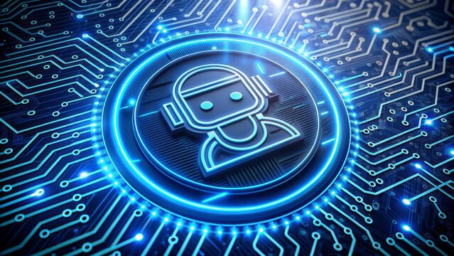 Futuristic digital illustration of a circular artificial intelligence chatbot logo integrated into a complex electronic circuit board with glowing blue lines and circuits.