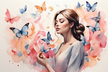 Fototapeta premium The watercolor silhouette of Caucasian woman with butterflies in her hair is summer portrait. Freedom, femininity, wedding, makeup, stylist, Barber, bride. 