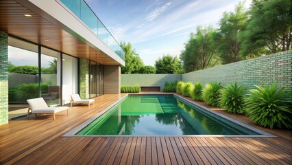 Fototapeta premium Sleek contemporary pool terrace with wooden flooring, green tile accents, and empty white wall, seamlessly blending into the lush surrounding natural landscape atmosphere.