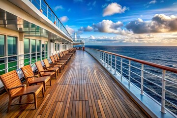 Naklejka premium empty cruise ship deck with line of chairs on sunny day