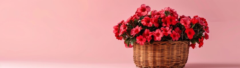 A basket full of red flowers with a white background. Scene is cheerful and bright, as the red flowers are vibrant and full of life