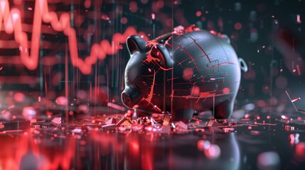 A shattered piggy bank with shards scattered and a descending red graph in the background, side view, illustrating economic decline, cybernetic tone, complementary color scheme