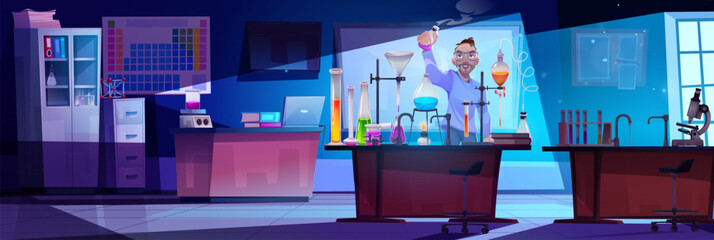 Male doctor or scientist in school or university classroom at night standing near table with chemical glass beakers and tubes and running experiment. Cartoon vector male researcher with glassware.