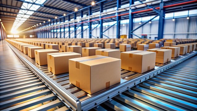 Cardboard packages glide seamlessly along a conveyor belt in a modern warehouse, epitomizing e-commerce, automation, and precision logistics.