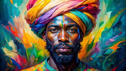 Vibrant abstract portrait of african cultural heritage depicting a modern turban in bold colors and expressive brushstrokes, celebrating black identity and artistic innovation.