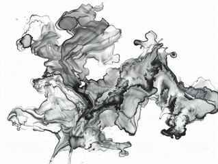 abstract black ink splash with fluid and dynamic shapes on a white background
