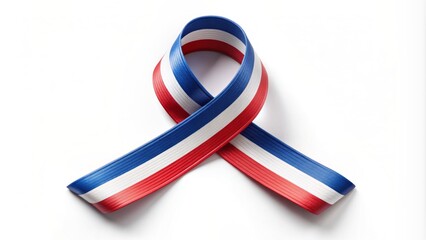 Fototapeta premium French national flag ribbon intertwined with country's logo badge on a white background, ideal for creating artistic templates, brochures, banners, and print materials.