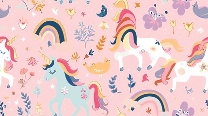 seamless pattern retro Whimsical unicorns and rainbows