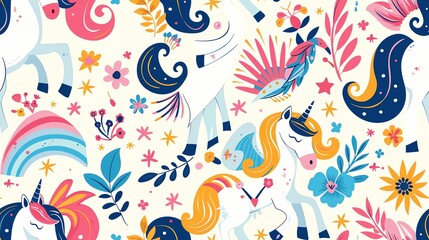 Fototapeta premium seamless pattern retro Whimsical unicorns and rainbows