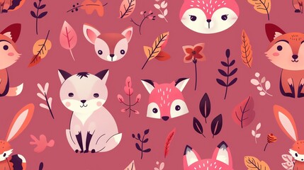 seamless pattern seasonal colors Cute animals in the forest