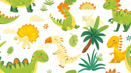 Fototapeta premium seamless pattern tropical artwork Fun and playful dinosaurs