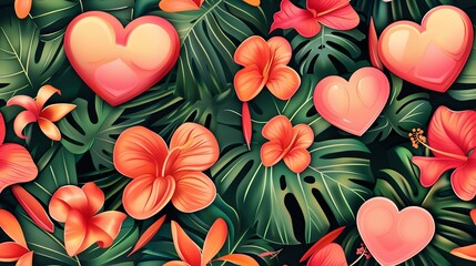 Fototapeta premium seamless pattern tropical artwork Romantic hearts and love symbols