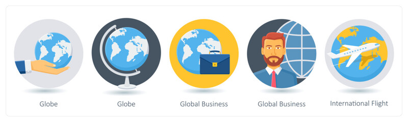A set of 5 business icons as globe, global business, international flight