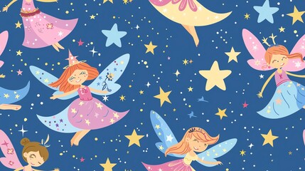 seamless pattern Whimsical fairies and stars