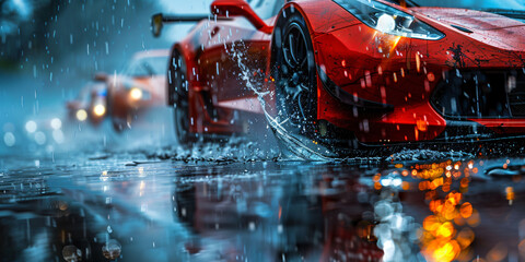 Super cars wading through water on Race track, water splashes