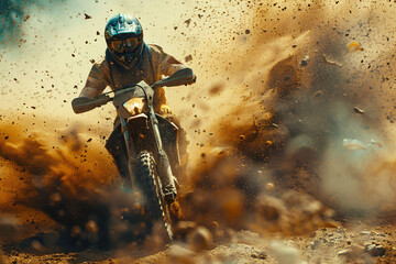 Dirt bike with motorcycle racer wading through dry dust on a track, dust splashes everywhere. Intense, high-speed action capturing the thrill and excitement of off-road racing.