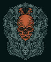 Illustration skull and demon with antique engraving ornament hand drawn - Vector illustration