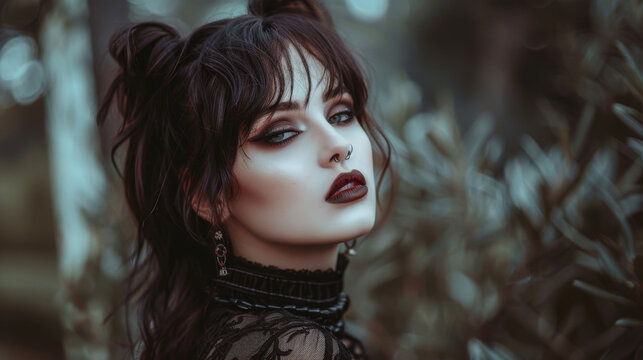 Portrait of a brunette Goth style inspired woman, fashion and make-up shoot. Gothic, Goth, Emo, New Wave, Dark style fashion. Dark smokey make-up, red lipstick. Dramatic. Elegant.	