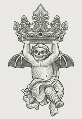 Illustration devil cupid holding crown engraving hand drawn style - Vector Eps 10