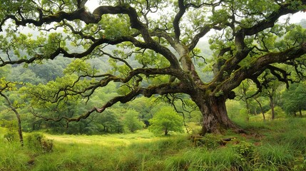 Fototapeta premium A lush forest surrounds an enormous tree, its trunk surrounded by verdant grass while nearby trees are devoid of leaves