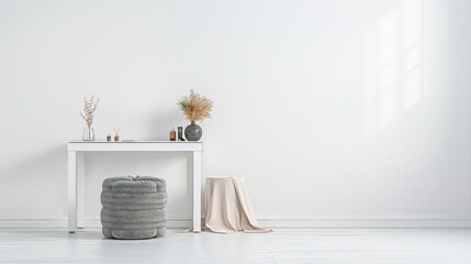 Modern minimalist dressing table in an empty room bathed with natural lighting. Home decor minimalist composition in neutral tonality.