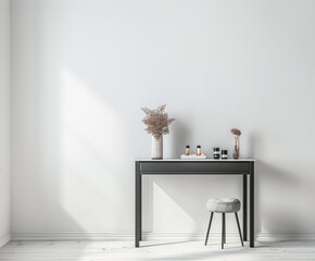 Modern minimalist dressing table in an empty room bathed with natural lighting. Home decor minimalist composition in neutral tonality.