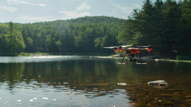 drone equipped with P-IoT sensors flying over a lake, collecting and transmitting data on water quality to environmental scientists