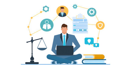 Compliance rules and law regulation policy. Businesses use laptops with compliance icons for enforcement of laws, regulations, and standards design