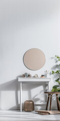 Modern minimalist dressing table in an empty room bathed with natural lighting. Home decor minimalist composition in neutral tonality.