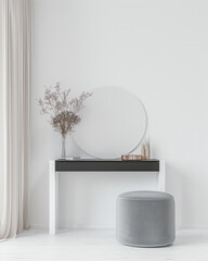 Modern minimalist dressing table in an empty room bathed with natural lighting. Home decor minimalist composition in neutral tonality.