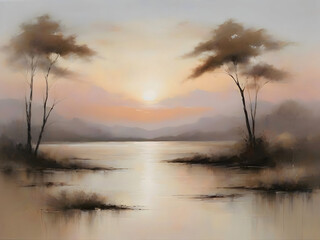 Sunset Lake River Watercolor Landscape