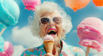 super realistic photo of an old lady with white hair and sunglasses, eating ice cream on the beach in summer, happy mood