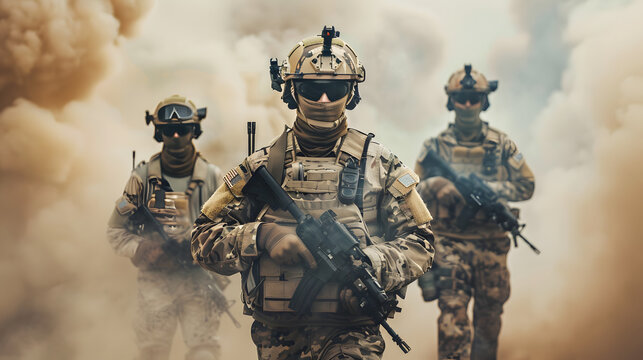Three soldiers in advanced tactical gear march through a smoky battlefield, highlighting the intensity and precision of military operations. - Powered by Adobe