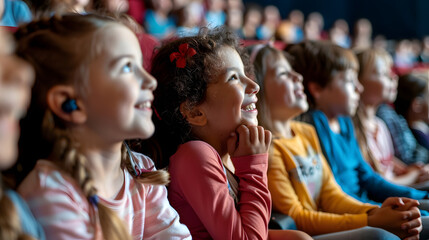 A group of children with joyous expressions enjoy a live performance, their faces lit up with excitement and wonder.
