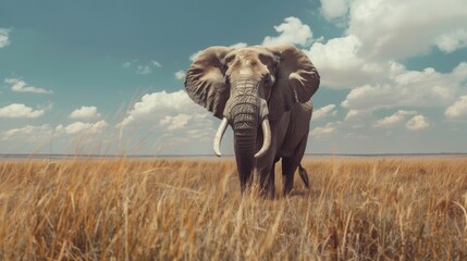 Fototapeta premium African Savannah Panorama, Roaming Elephants Grazing Under Dramatic Sky with Gorgeous Clouds