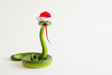 Fototapeta premium An image featuring a green snake wearing a Santa hat set against a white background
