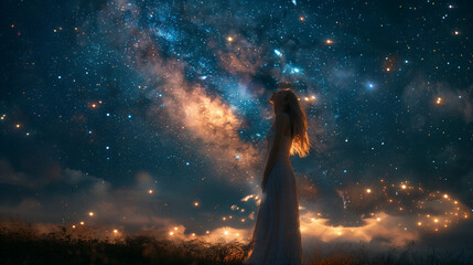 Girl in white dress blowing stardust forming a star shape against a night sky full of stars