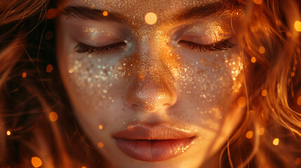 Close-up of a girl's face with closed eyes and a smile, blowing stardust that creates a golden glow