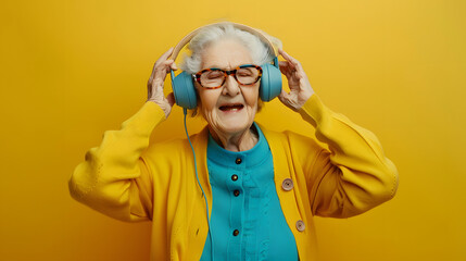 A joyful elderly woman in a yellow cardigan and blue shirt enjoys music with headphones, exuding happiness and positivity.