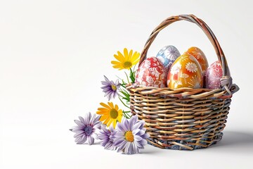Colorful Easter eggs adorned with intricate patterns in a basket, surrounded by blooming flowers, evoking a festive mood