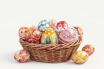 Vibrant Easter eggs with intricate patterns nestled in a basket surrounded by blooming flowers, imbuing a festive mood