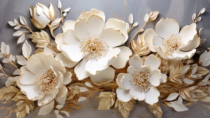 3D mural wallpaper flowers in gold and cream colors, Mural wallpaper high quality