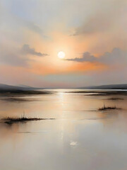 Obraz premium Sunset Lake River Watercolor Landscape