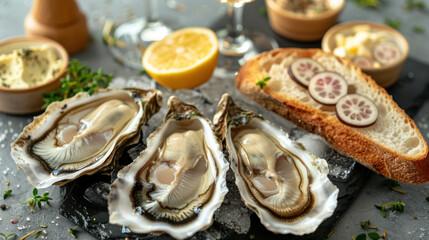 French restaurant delights: raw oysters accompanied by lemon, wine, baguette, and butter