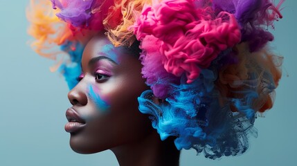 Fototapeta premium Artistic Portrait of African American woman with Colorful Smoke Hair. Beautiful African American woman with colorful smoke cloud hair,